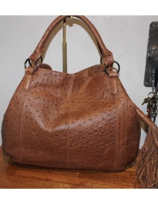 G.I.L.I. Handbags - New $378 Gili G.I.L.I Cognac Ostrich Embossed Roma 2 Tote Shoulder Bag w Tassel